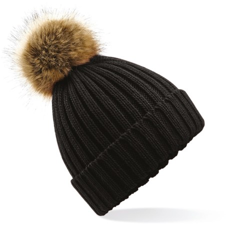 Fake fur pom pom thick beanie