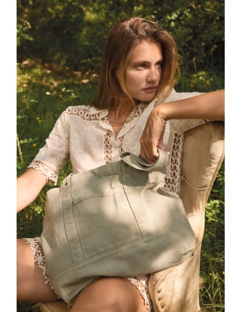 Washed cotton shopper bag with side pocket