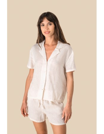 Camisa manga corta de lino y cuello bowling mujer
