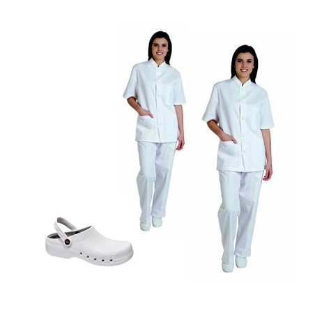 2 PIJAMAS SANITARIOS CUELLO MAO + ZUECO BLANCO SANITARIO (tallas por opción)