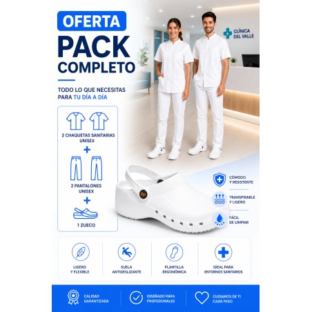 2 PIJAMAS SANITARIOS CUELLO MAO + ZUECO BLANCO SANITARIO (tallas por opción)