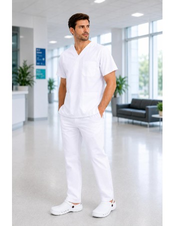 PIJAMA BLANCO SANITARIO UNISEX DE CUELLO PICO