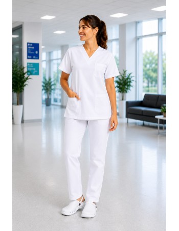 PIJAMA BLANCO SANITARIO UNISEX DE CUELLO PICO 2