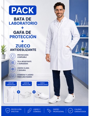 BATA LABORATORIO BLANCA + GAFAS PROTECCIÓN + ZUECO BLANCO...