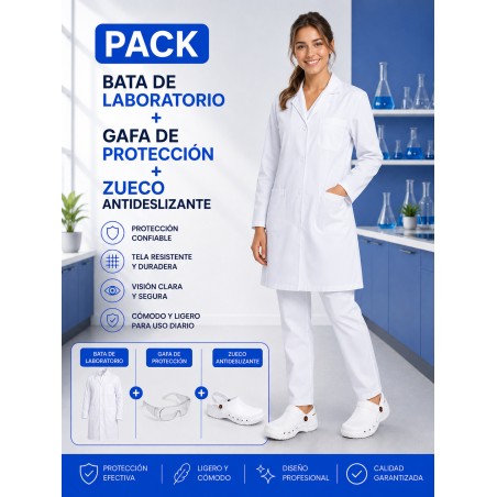 BATA LABORATORIO BLANCA + GAFAS PROTECCIÓN + ZUECO BLANCO SANITARIO