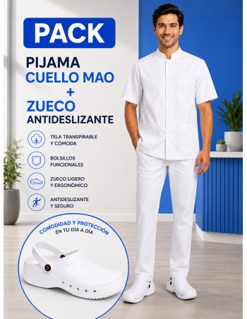 PIJAMA BLANCO SANITARIO CUELLO MAO + ZUECO BLANCO SANITARIO