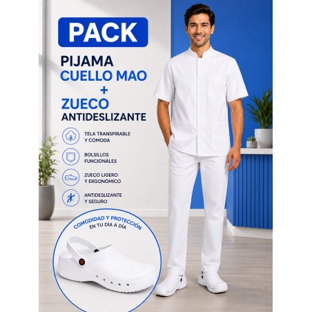 PIJAMA BLANCO SANITARIO CUELLO MAO + ZUECO BLANCO SANITARIO (tallas por opción)